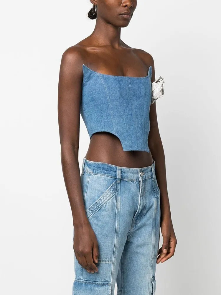 Denim Irregular Vests For Women Slash Neck Sleeveless Patchwork Appliques Slimming Vintage Vest Female Fashion 2023