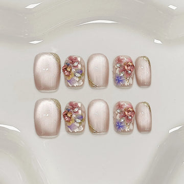 10pcs Crystal Cat Eye False Nails Colorful Mini Flower Fake Nails with Butterfly Design Elegant Press on Nails Short Square Nail