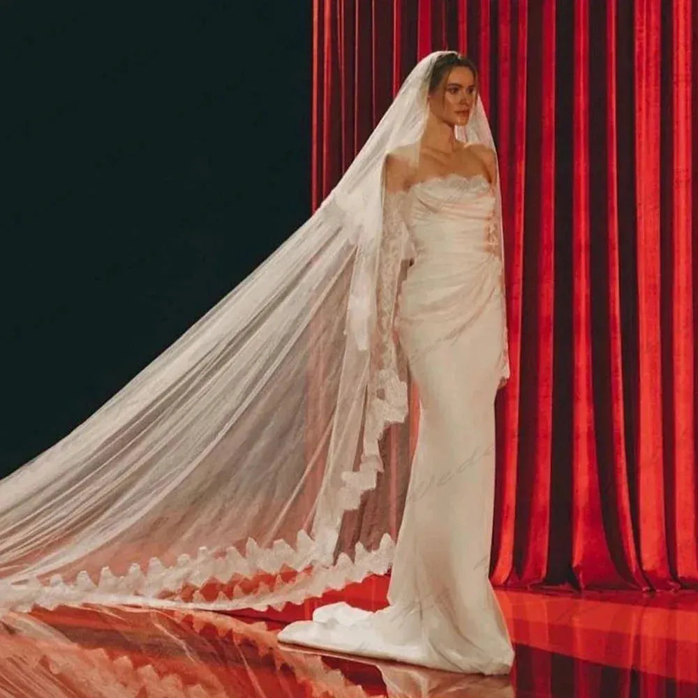 Elegant Women's Bridal Dresses Satin Pleated Mermaid Lace Long sleeved Princess Wedding Dress Formal Beach Party Vestidos Beige Satin