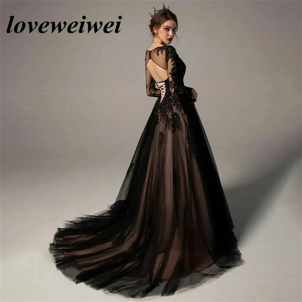 Gothic Black Prom Dresses Sexy Backless A-line Evening Dress Lace V Neck Formal Party Gowns Long Sleeves Tulle Robe De Soirée As Picture