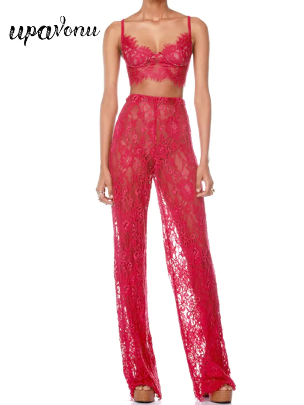 2025 Sexy Women'S Lace Pants Set Spaghetti Strap Sleeveless Backless Ultra Short Vest+Straight Leg Pants Two-Piece Set