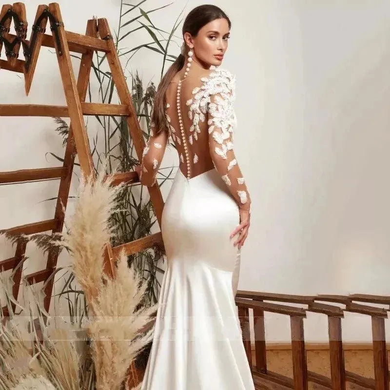 Illusion Backless Mermaid Wedding Dresses Long Sleeve Appliques Bride Gowns Elegant Formal Beach Party Vestidos De Novia Beige 14W Mermaid