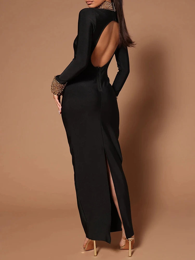 VC Winter Black Women Long Sleeve Sexy Golden Beading Bodycon Bandage Maxi Runway Cocktail Celebrity Evening Club Party Dress