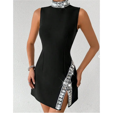 Black Red Women Sleeveless Sexy Big Crystal Sparkly Bodycon Mini Bandage Dress Celebrate Birthday Party Nightclub Outfit Vestido