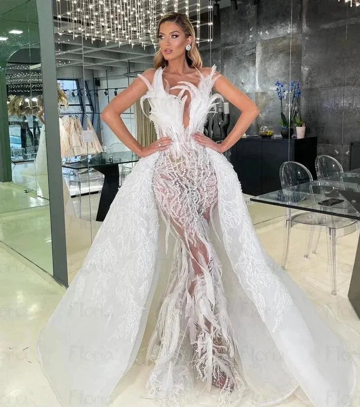 Floria Ivory Feather Mermaid Wedding Dresses Luxury For Women Detachable Train Bridal Gowns Formal Prom Gowns for Wedding Mermaid