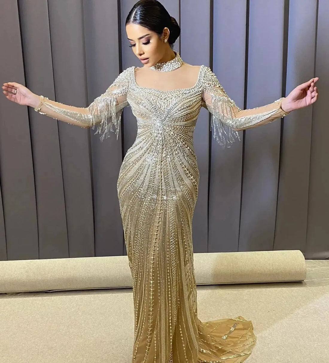 Luxury Champagne Mermaid Dubai Evening Dress with Detachable Overskirt Arabic Women Wedding Formal Party Gowns Evening Dress