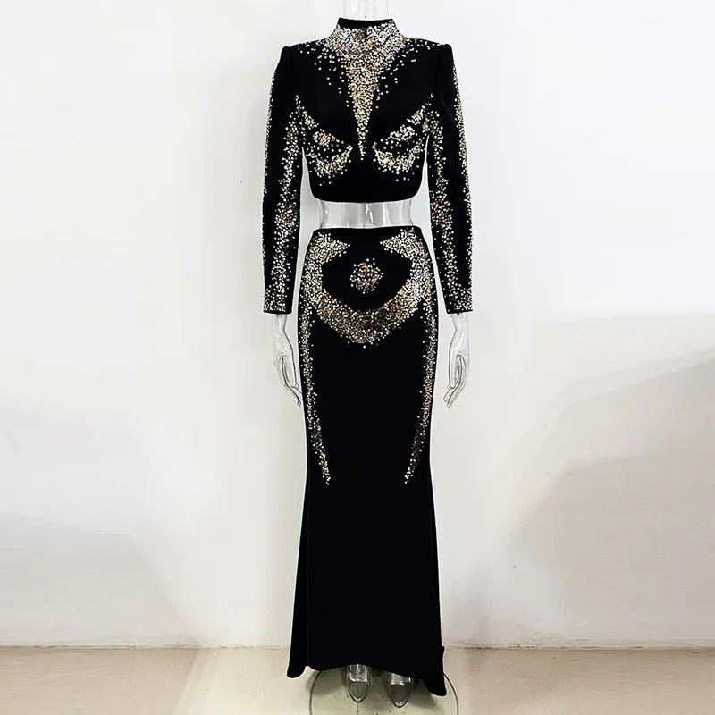 TWOTWINSTYLE Slimming Spliced Sequins Two Piece Sets for Women Round Neck Long Sleeves Short Top High Waist Skirt Set Female New