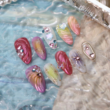 Ocean Series Fake Nail 10pcs Handmade 3d Colored Press On Nails Pearl And Buterfaly Design Almond False Nail Patches Deachable