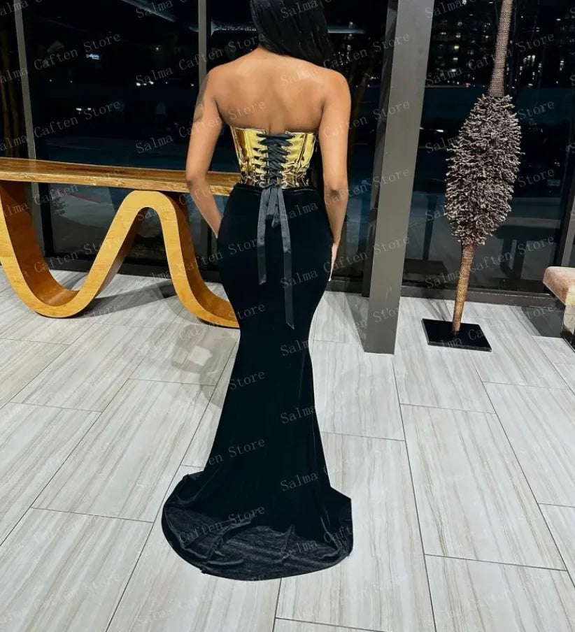 Women Celebrity Sexy Strapless Backless Gold Black Maxi Long Two Pieces Skirt Set 2025 Elegant Evening Club Party Outfits