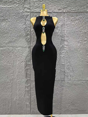 Women Sleeveless Sexy Keyholes Shinning Diamond Bodycon Long Bandage Dress Evening Party Celebrate Cocktail Dress