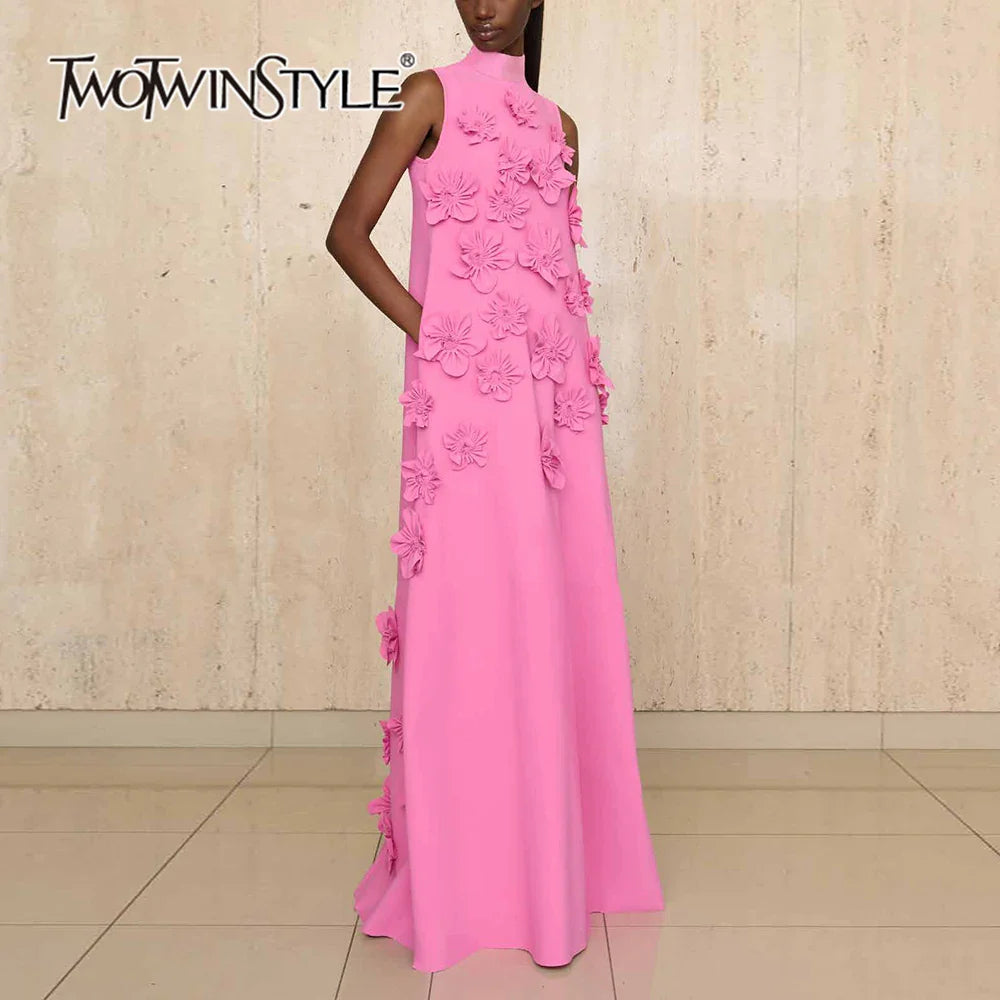 Patchwork Appliques Chic Dress For Women Stand Collar Sleeveless High Waist Spliced Lace Up Elegant Dresses Female