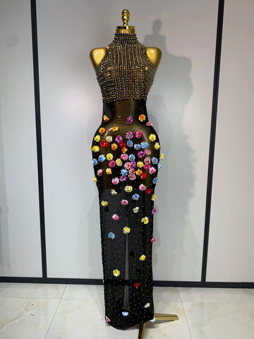 Luxury Rhinestones Flowers Sexy See Through Long Dress 2025 Elegant Evening Party Birthday Wedding Guest Dress Club Stage Outfit