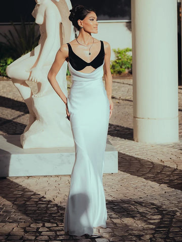 VC Women Cut-out Long Dress Temperament Contrast Color Combo V Neck Suspender Backless Slit Slim Mermaid Party Evening Gowns