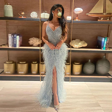 Luxury Blue Mermaid Feathers Prom Dresses Spaghetti Straps Dubai Evening Dress Arabic Formal Party Gown