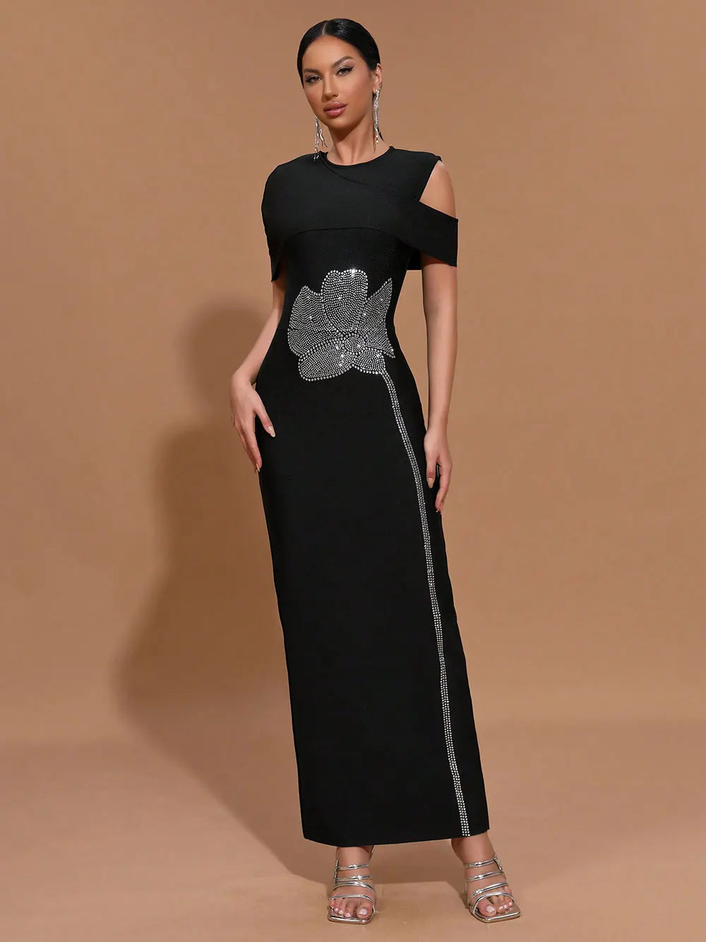 2025 Elegant Women Light Luxury Hot Diamond Flower Design Bandage Dress O-Neck Shoulder Bodycon Long Dress Evening Party Vestido