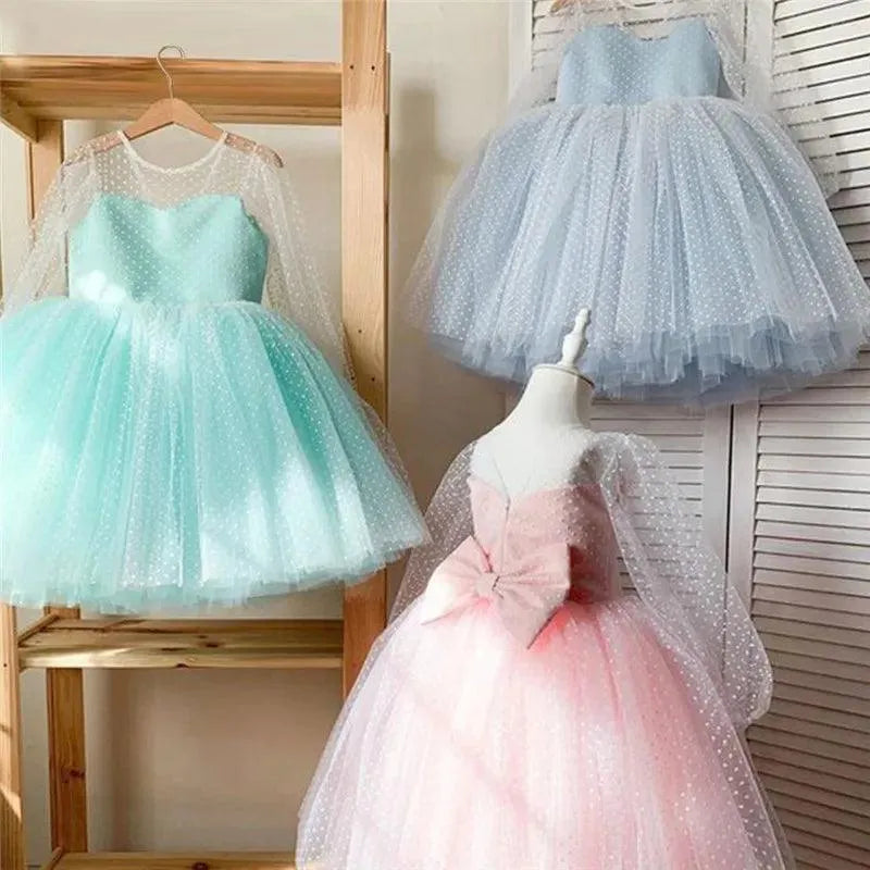 Polka-Dot Girls Dress Wedding Party Elegant Gown Backless Bownot Tutu Princess Costume Birthday Tulle Fromal Children's Dresses