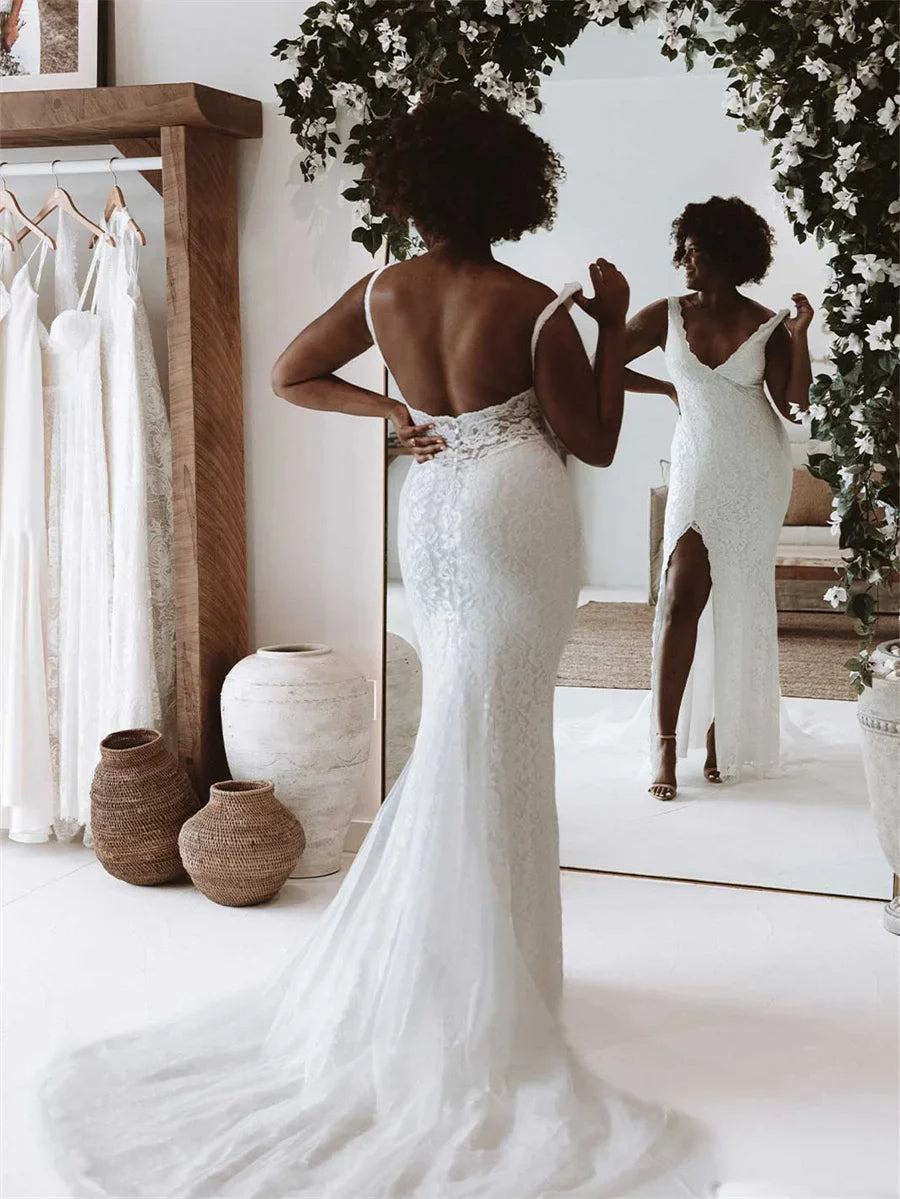 Deep V-Neck Sleeveless Lace Mermaid Wedding Dress Open Back High Side Slit Floor Length Bridal Gown Custom Made