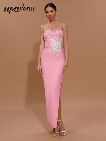 2025 Spring Sexy Women's 3D Flower Pearl Bandage Dress Strapless Sleeveless Bodycon Backless Long Dress Club Party Vestidos