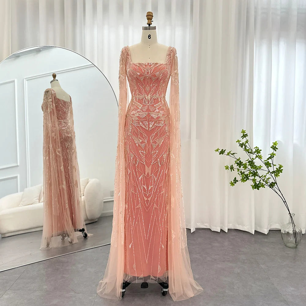 Saudi Arabic Nude Pink Luxury Dubai Evening Dresses with Cape Sleeves Square Collar Women Wedding Party Gowns