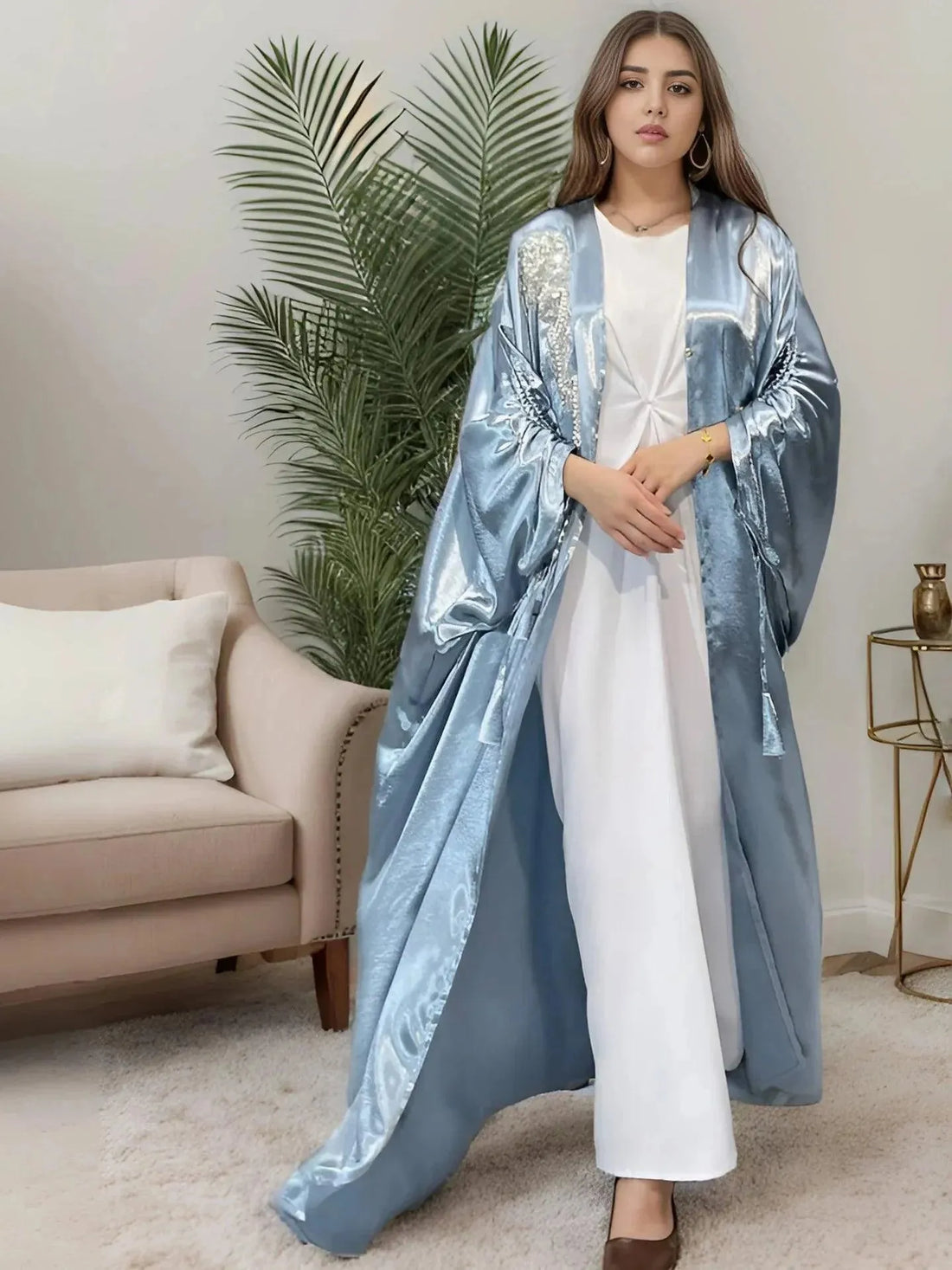 Elegant Women Muslim Satin Beading Open Abaya Kimono Long Maxi Dress Turkey Dubai Eid Party Kaftan Arabic Robe Morocco Jalabiya 01 Sky Blue One Size