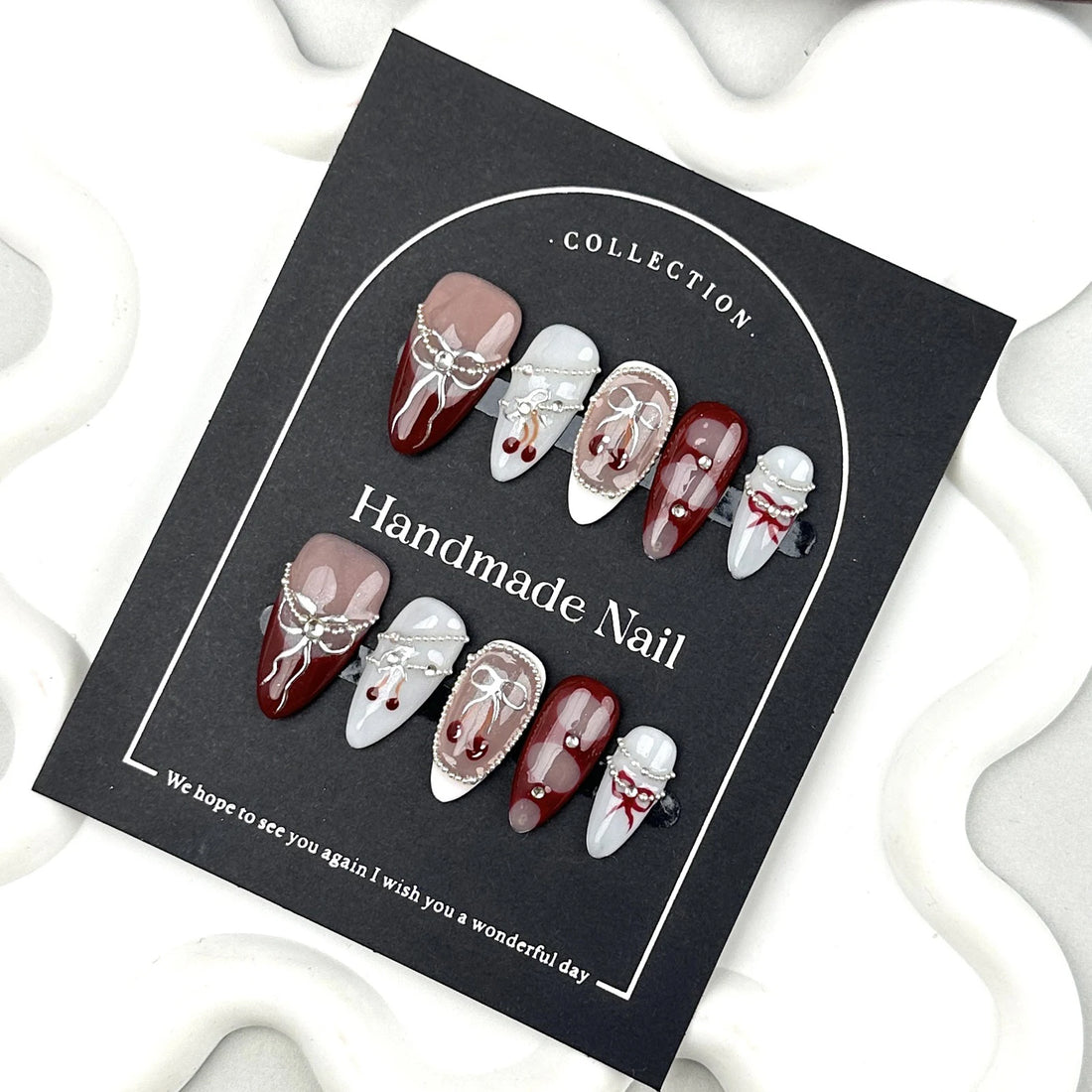 10pcs Handmade Press On Nails Baroque Bowknot Design False Nails Wearable Crystal Red French Almond Shaped Fake Nail Tips