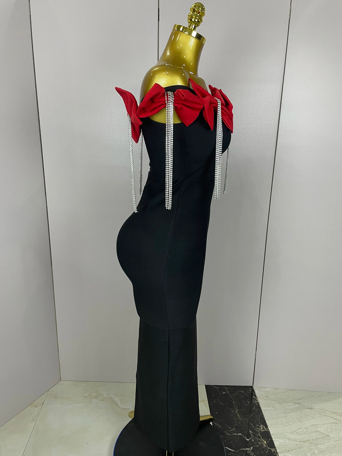 2025 Women Celebrity Sexy Off Shoulder Flower Diamonds Black Bow Tie Maxi Long XL Bandage Dress Elegant Evening Club Party Dress