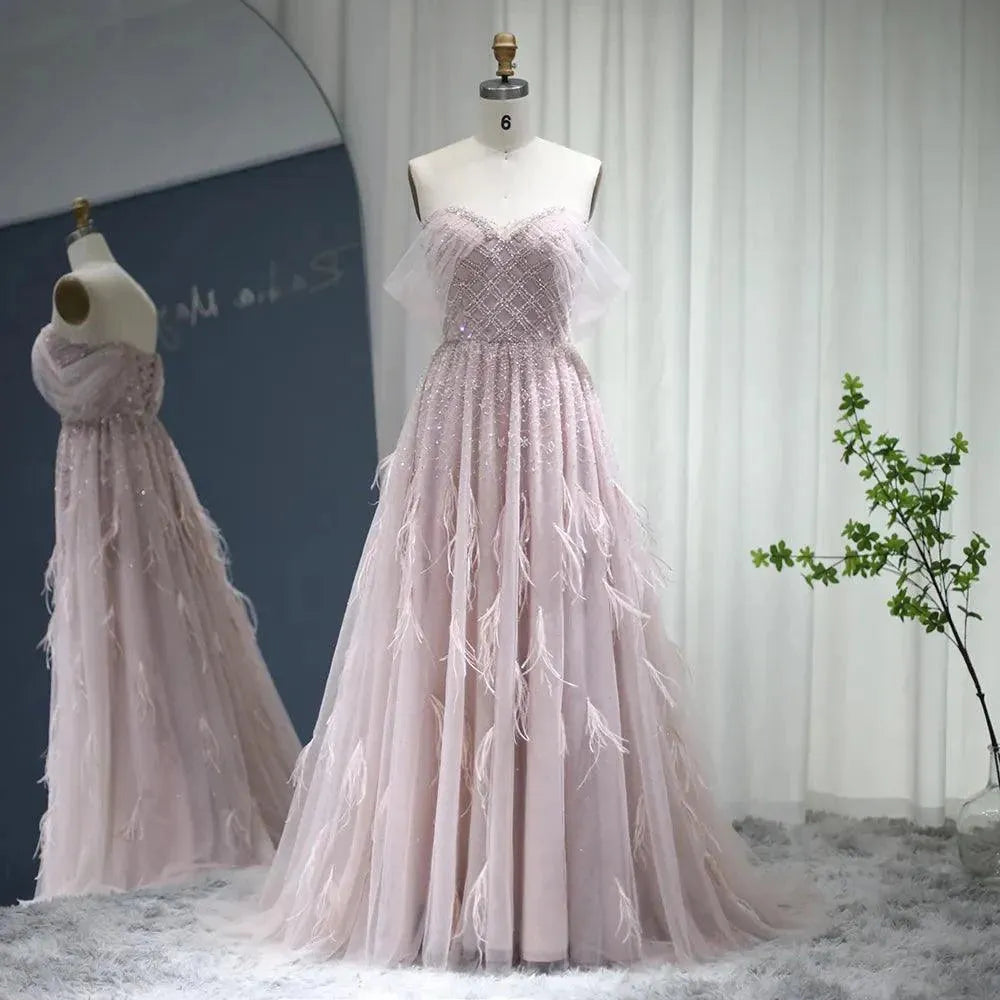 Luxury Feather Pink Dubai Evening Dresses Elegant Off Shoulder Beaded Champagne Formal Dress for Women Wedding Pink Evening Dress