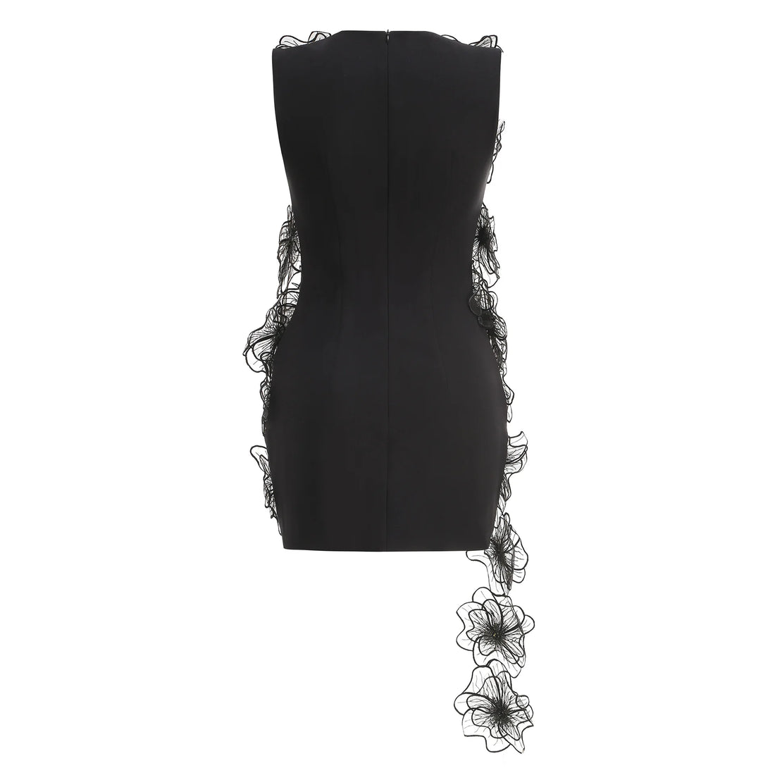 Black Color Women Sleeveless 3D Florals Bodycon Mini Draped Dress Cute Girls' Birthday Party Fashion Cocktail Dress Vestido