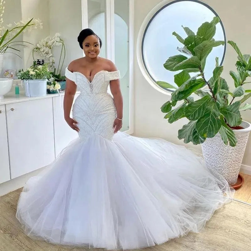 Plus Size Beaded Tulle Mermaid Wedding Dresses Off The Shoulder Lace Appliques Africa Bridal Dress Aso Ebi Wedding Gowns Ivory