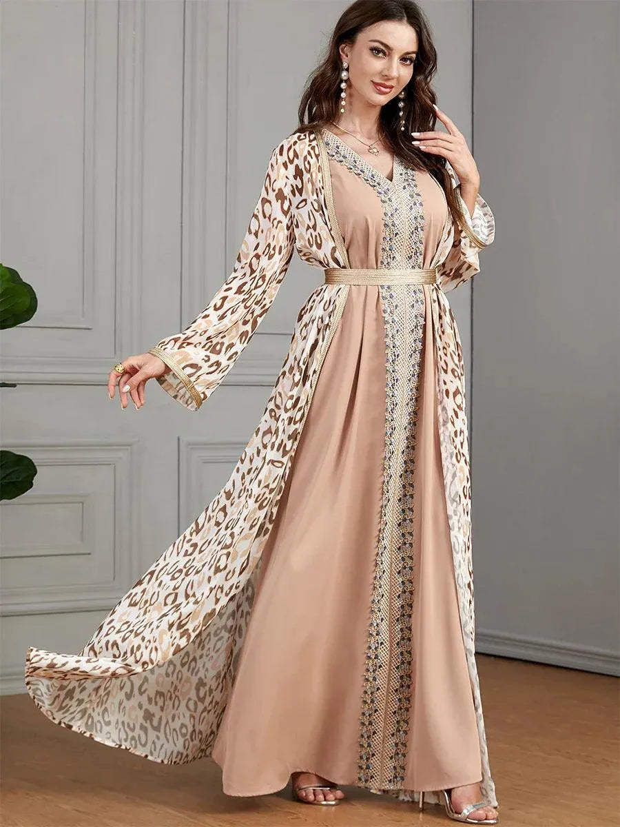 2 Pieces Abaya Set for Women Chic Lace Embroider Tape V Neck Bottom Dress & Leopard Print Belted Kimono Muslim Eid New