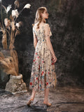 Customized Floral Fancy Tea Length Evening Dresses with Short Sleeves Sexy V Neck Embroidery Flower Prom Gown