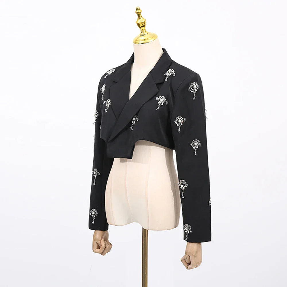 Solid Slimming Elegant Jackets for Women Lapel Long Sleeves Patchwork Bead Short Jacket Female Fashion Clothing New