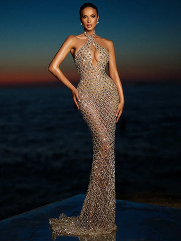 VC Beige Halter Mermaid Long Dress Key Hole Backless Sequins Sleeveless Celebrity Maxi Evening Party Gowns Vestidos