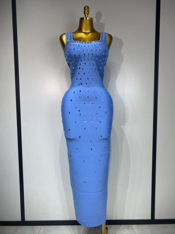 Women Sparkly Rhinestone Bandage Long Dress Elastic Sleeveless Bodycon High Street Evening Club Party Elegant Birthday Gowns
