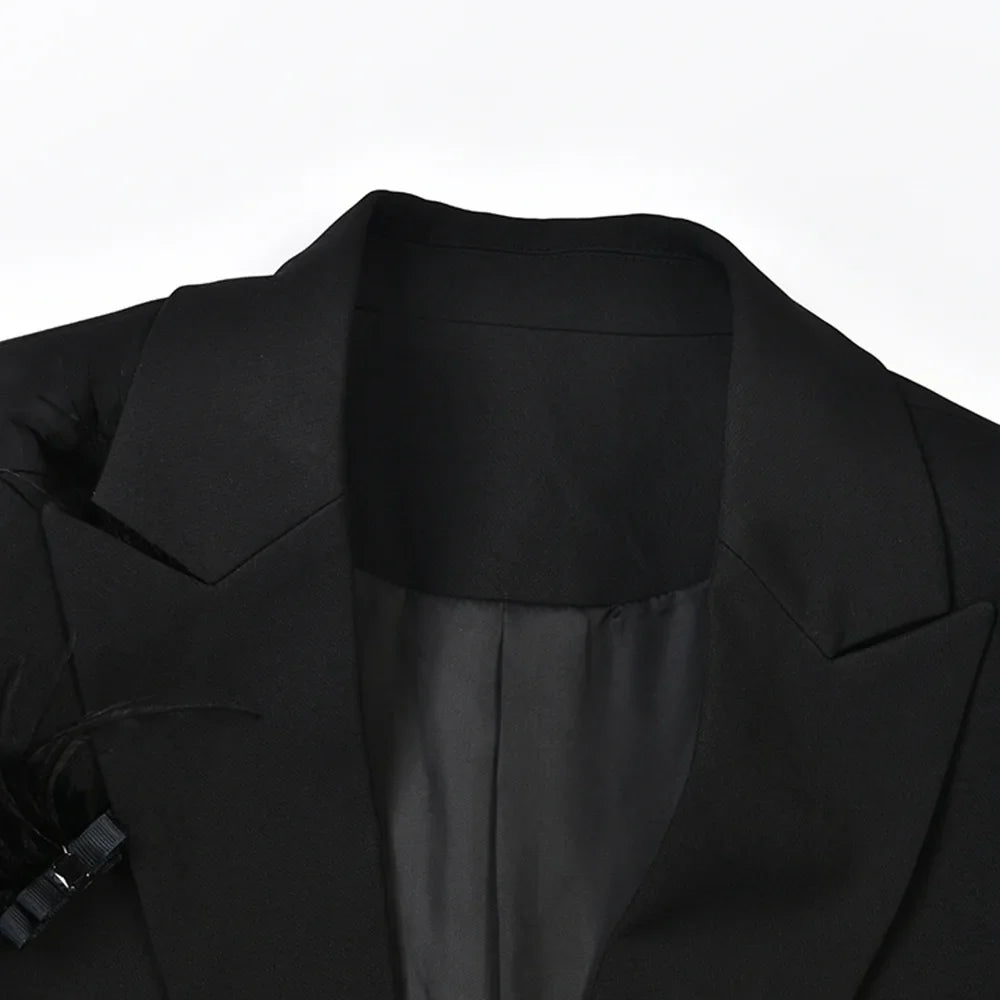 Solid Slimming Spliced Bead Feather Blazers for Women Lapel Long Sleeves Patchwork Button Blazer Female Fashion New