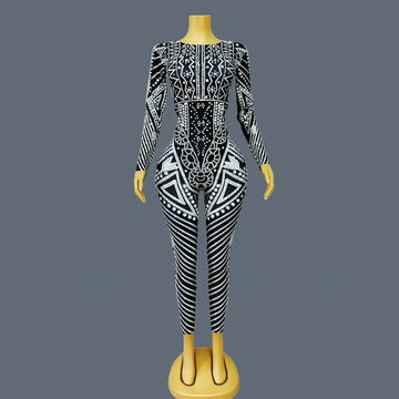 Snygg Sexig Svart Vit Randig Tryckt Strass Jumpsuit Bar Nattklubb Scenframträdande Bodycon Leggings för Kvinnor Mawenku