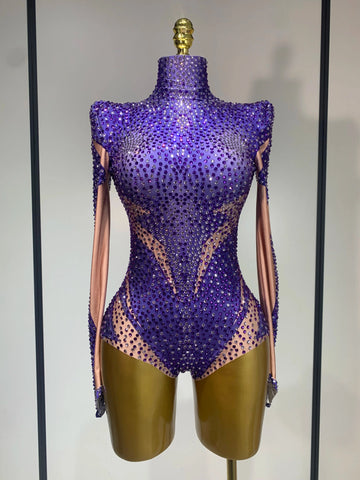 Luxury Rhinestone Elastic Long Sleeved Bodysuit 2025 Club Singer Dancer Stage Performa Costume Evening Party Outfit