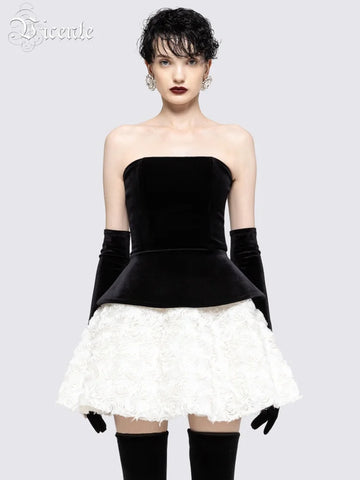 VC Vintage Glam Party Three-Pieces Strapless Mini Dress Outfit Black Velvet Bustier & White Floral Skirt