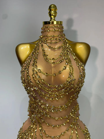 Sparkly Rhinestone Sexy Transparent Mesh Long Dress  Women Luxury Birthday Club Party Gown Stage Singer Performance Costume