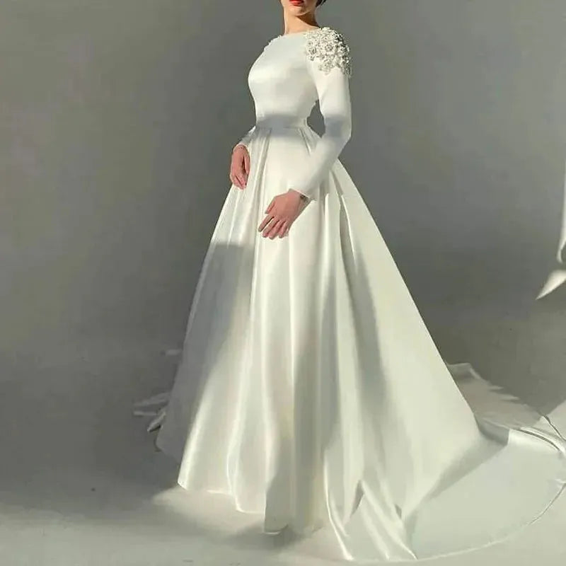 Elegant Ivory Muslim Wedding Dresses Vestidos De Novia Luxury Beading Flowers Satin Simple Vintage Long Sleeve Bridal Gowns champagne