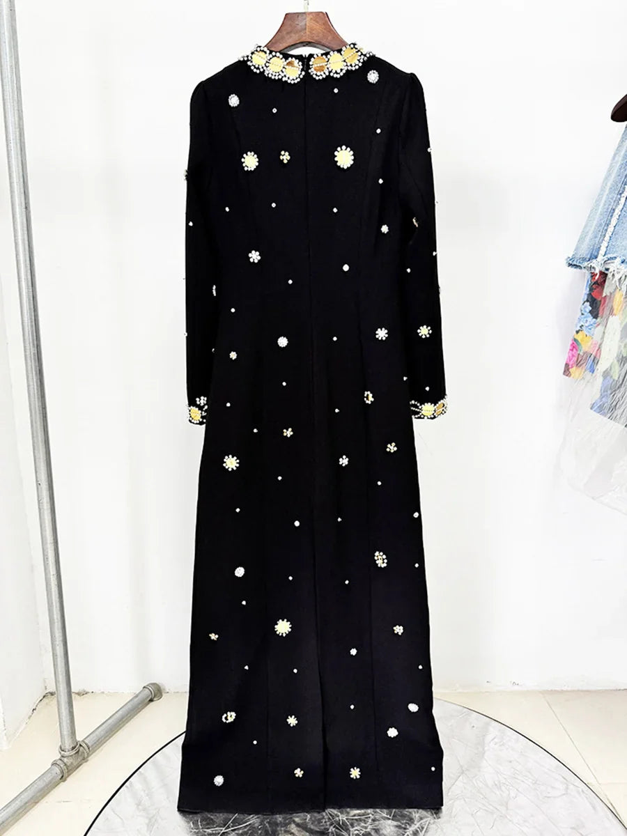 Hit Color Spliced Bead Luxurious Dresses for Women Round Neck Long Sleeve Patchwork Wave Point Elegant Dress Female