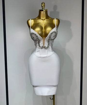 Women Sexy Spaghetti Strap V Neck Crystal Sleeveless Bandage Dress White Elegant Evening Party Cocktail  Luxury Birthday Gowns