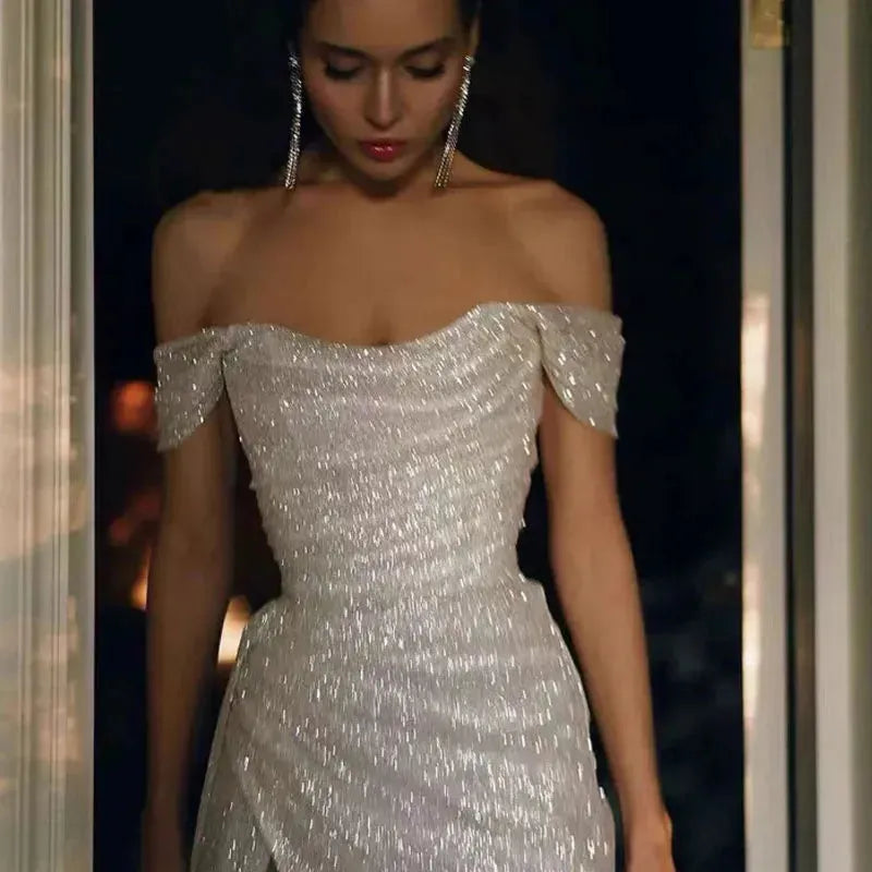 Challoner Wedding Dress Modern Glitter Beach Side Split For Women Off Shoulder Squined Sparkly Bridal Gown Vestidos De Noiva Beige