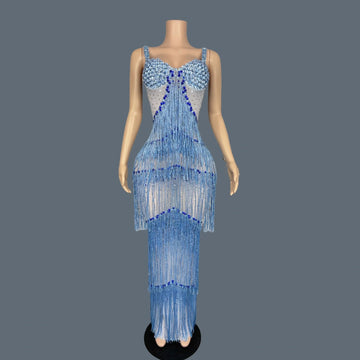 Sparkly Rhinestones Tassel Slip Long Dress Sexy Women Celebrate Prom Sheer Mesh Evening Dress Birthday Photo Shoot Wear lantian