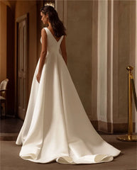 Satin Wedding Dresses A Line V Neck Bride Dress Classic Sleeveless Elegant Floor Length Wedding Gowns