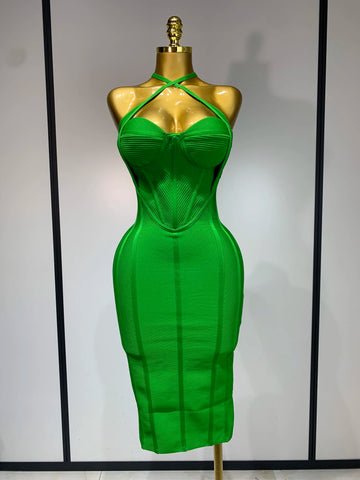 Women Sexy Sleeveless Backless Green Midi Bodycon Bandage Dress  Celebrity Elegant Evening Club Party Luxury Birthday Dress