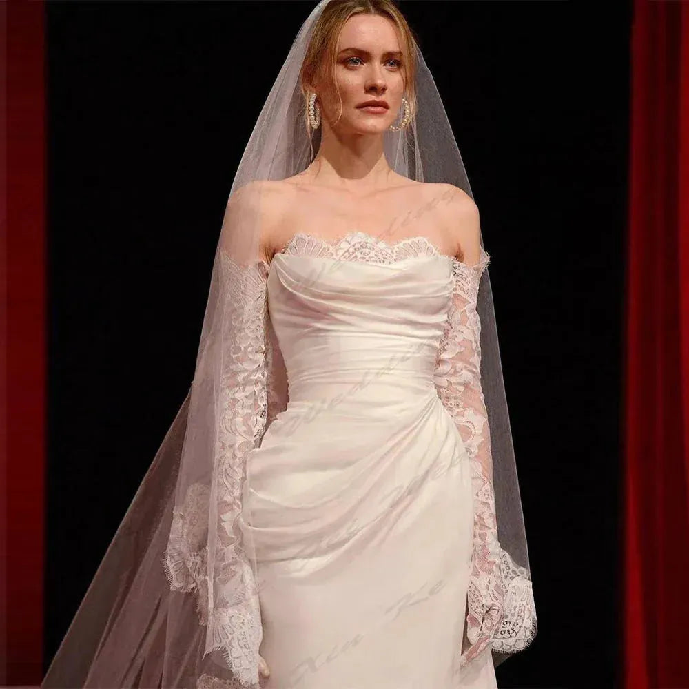 Elegant Women's Bridal Dresses Satin Pleated Mermaid Lace Long sleeved Princess Wedding Dress Formal Beach Party Vestidos Beige Satin