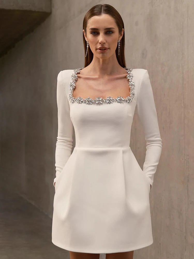 VC Elegant Dresses For Women Square Collar Long Sleeves Short A-Line Slim White Wedding Party Gown Fashion 2024