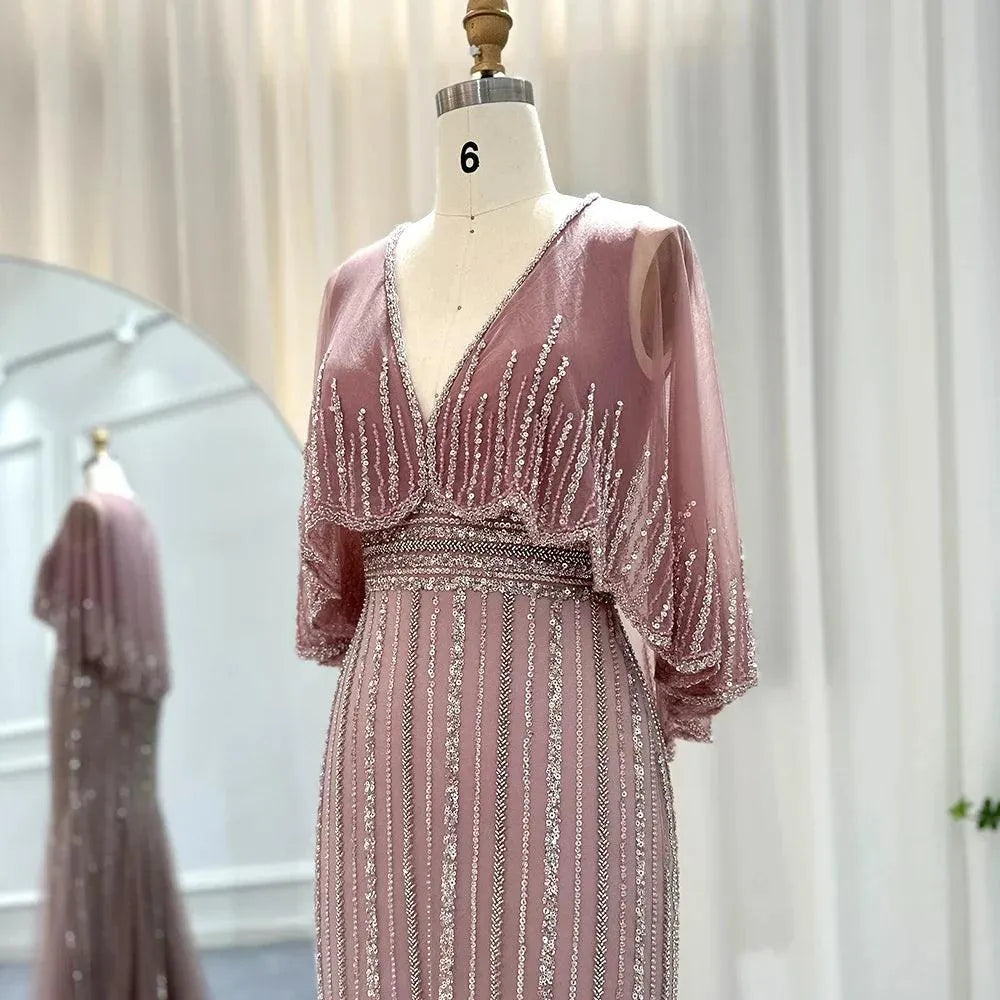 Luxury Pink Mermaid Dubai Evening Dresses with Cape Elegant V-Neck Arabic Women Wedding Formal Party Gown Pink Evening Dress
