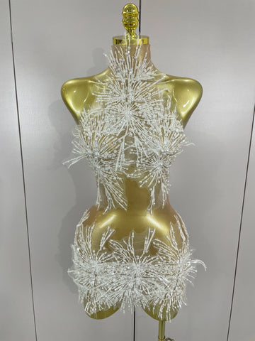 Stock Women Sexy Mesh See Through Pearl Lace Party Mini Dress Celebrate Birthday Photo Shoot Wear Performance Stage Costume